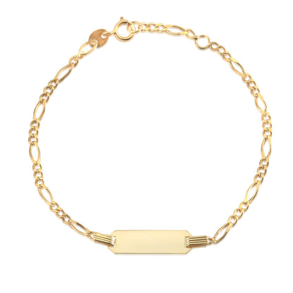 14k Solid Gold ID Bracelet with Figaro Chain for Children Personalized Engraved Name Plate Gift for Girls and Boys Made in Italy