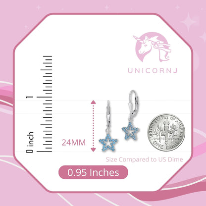 UNICORNJ Sterling Silver 925 Open Star Dangle Leverback Earrings with Pave Cubic Zirconia Italy