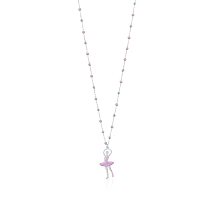 UNICORNJ Sterling Silver Ballerina Ballet Dancer Necklace for Girls Dance Recital with Enamel on Beaded Chain 15.5"