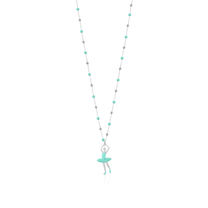 UNICORNJ Sterling Silver Ballerina Ballet Dancer Necklace for Girls Dance Recital with Enamel on Beaded Chain 15.5"