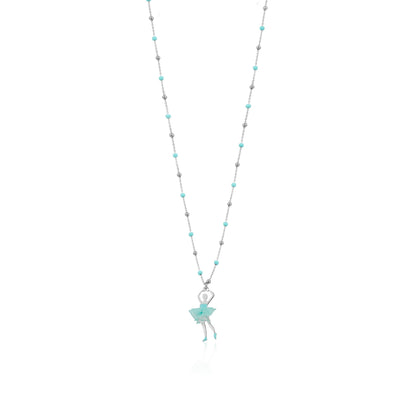 UNICORNJ Sterling Silver Ballerina Ballet Dancer Necklace for Girls Dance Recital Gift Tulle Fabric Tutu and Enamel on Beaded Chain 15.5"