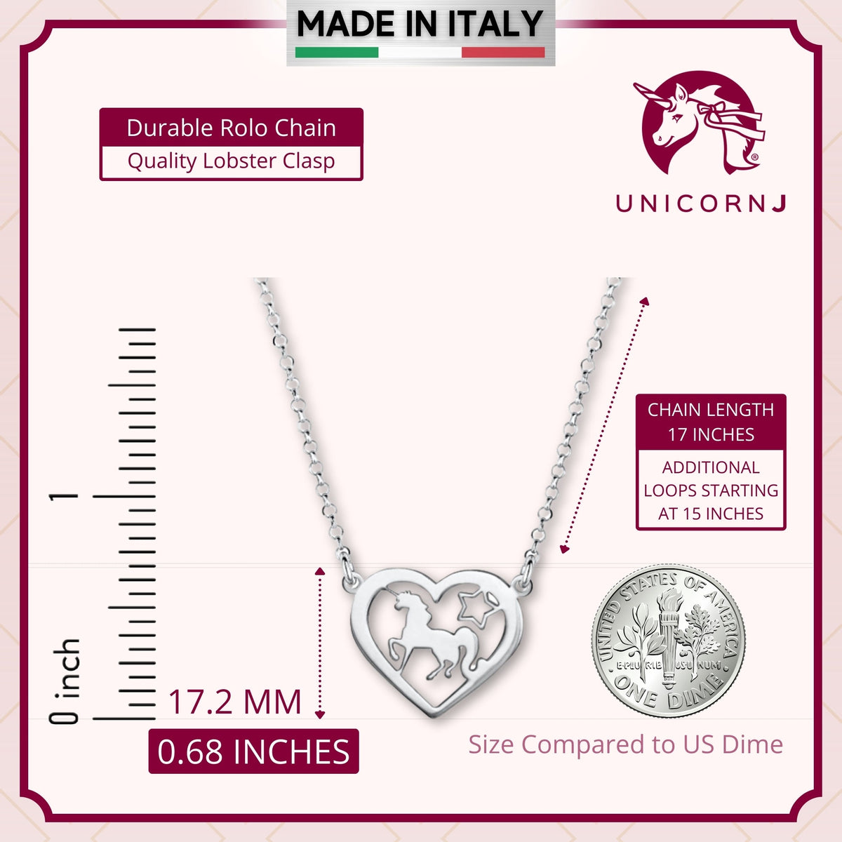 Sterling Silver Trotting Unicorn in Heart Pendant Necklace on Rolo Chain 17"