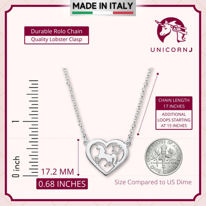 Sterling Silver Trotting Unicorn in Heart Pendant Necklace on Rolo Chain 17"