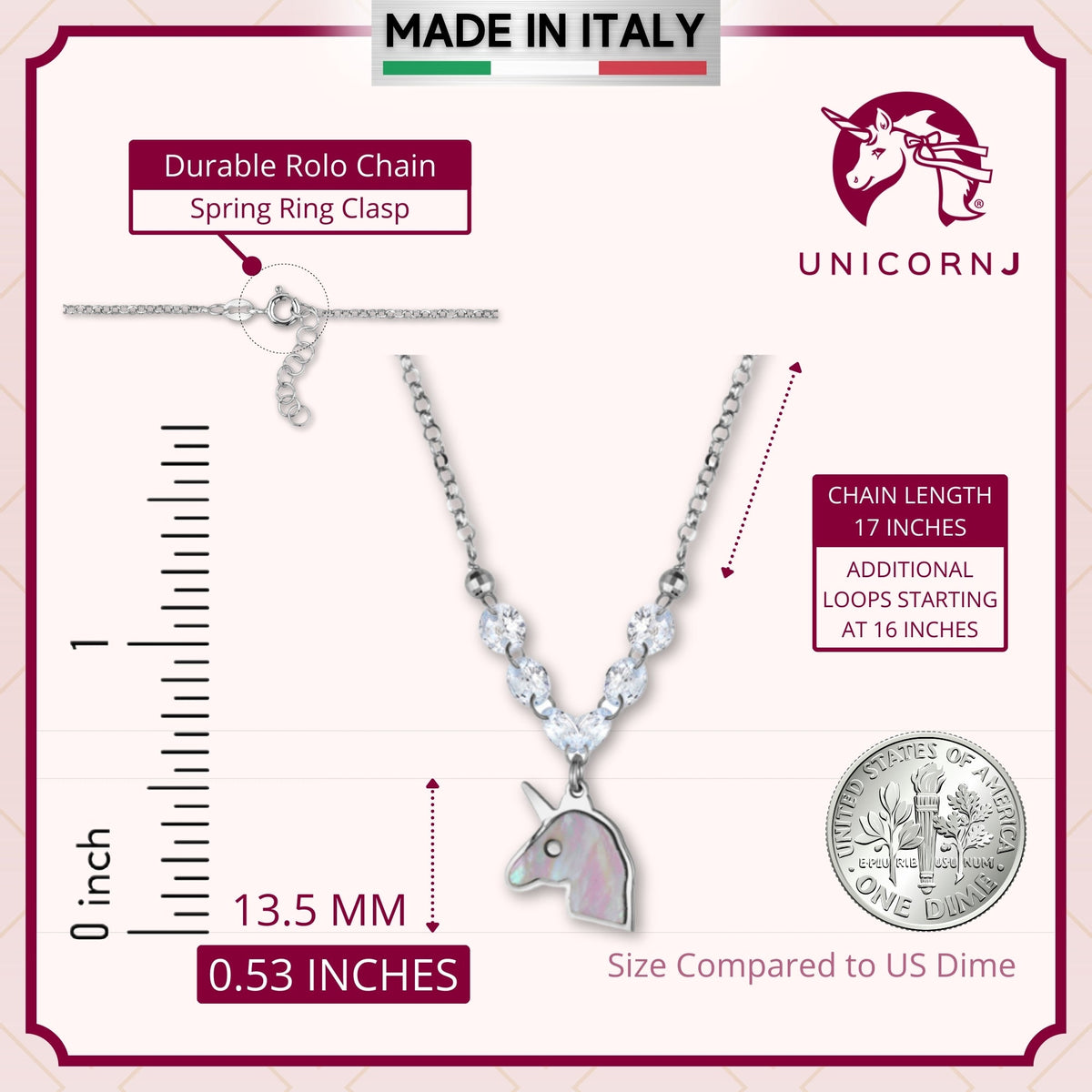 Sterling Silver Unicorn Necklace Pendant with Mother of Pearl Inlay and Diamond Crystals 17"