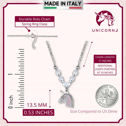 Sterling Silver Unicorn Necklace Pendant with Mother of Pearl Inlay and Diamond Crystals 17"