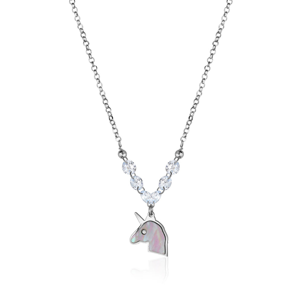 Sterling Silver Unicorn Necklace Pendant with Mother of Pearl Inlay and Diamond Crystals 17"