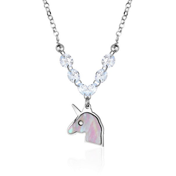 Sterling Silver Unicorn Necklace Pendant with Mother of Pearl Inlay and Diamond Crystals 17"