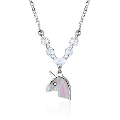 Sterling Silver Unicorn Necklace Pendant with Mother of Pearl Inlay and Diamond Crystals 17"