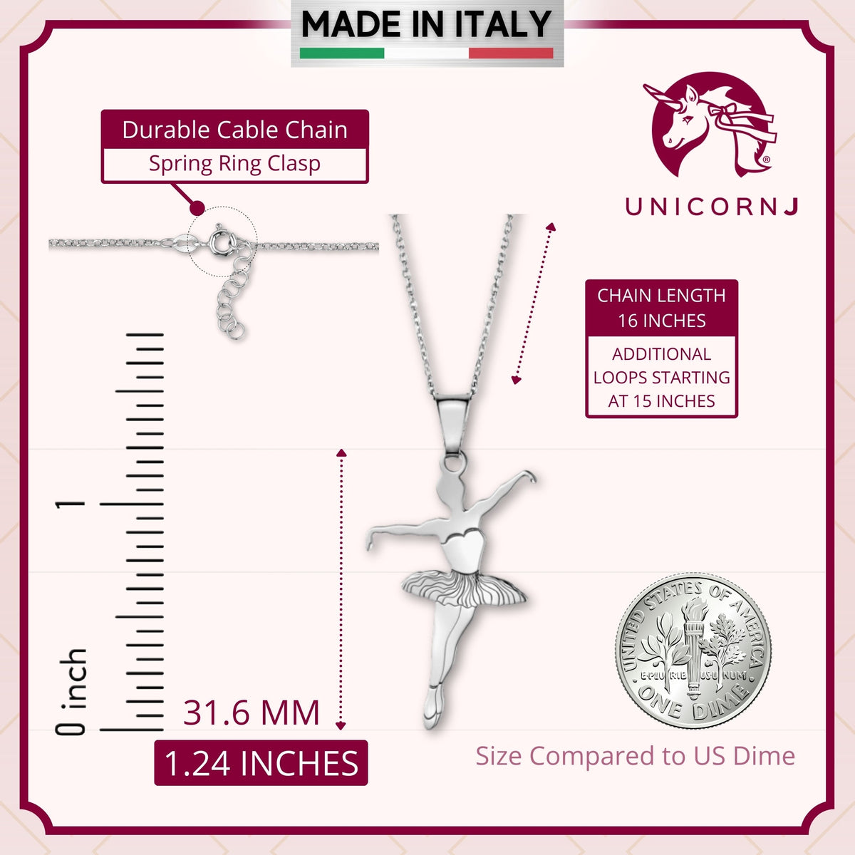Sterling Silver & Sterling Silver Rose Gold Plated Ballet Dancer Pendant Necklace for Girls on Cable Chain 16 inches