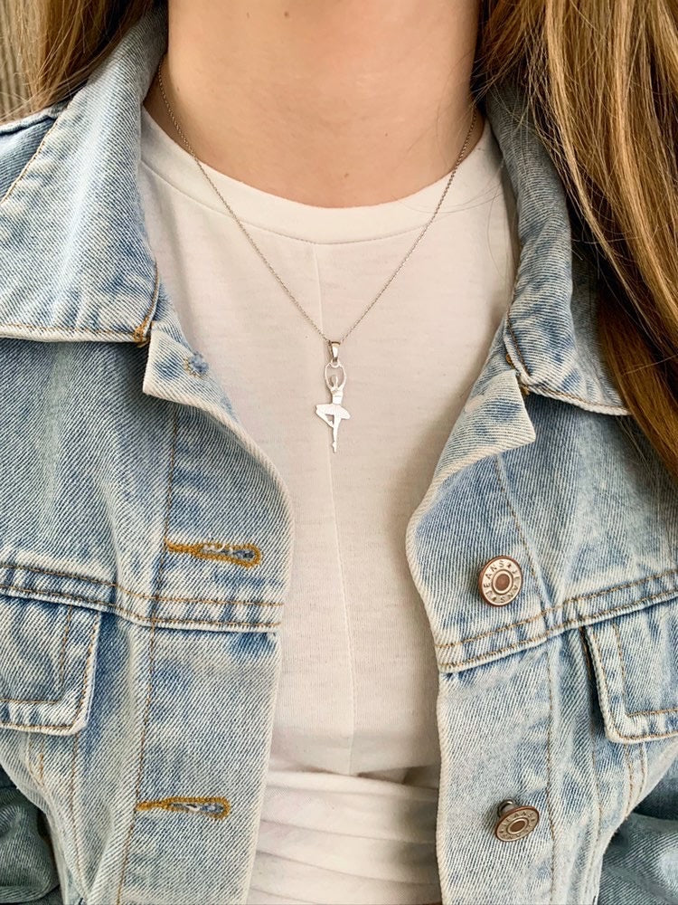 Sterling Silver & Sterling Silver Rose Gold Plated Ballet Dancer Pendant Necklace for Girls on Cable Chain 16 inches