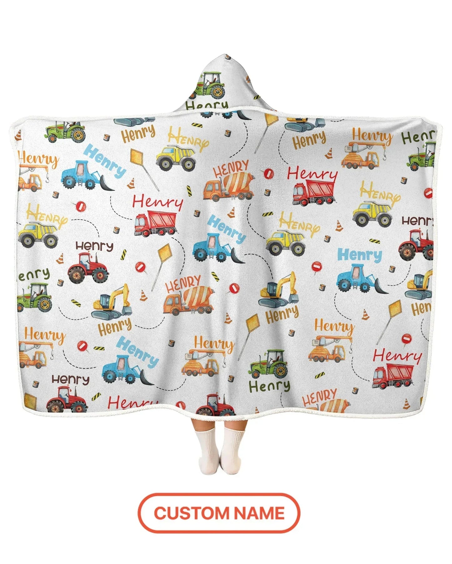 Construction Vehicles Custom Name Bamboo Wearable Hooded Blanket