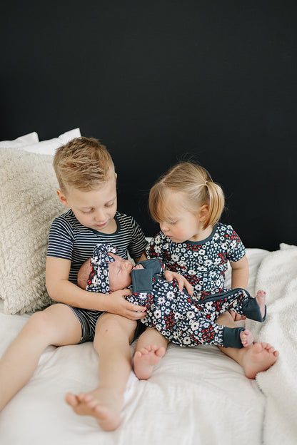Navy Stripes Ribbed Bamboo Cozy Short Set