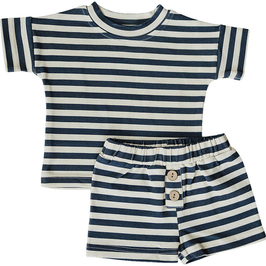 Navy Stripe Button Short Set
