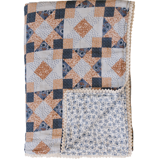 Patchwork Print + Blue Blossom Lace Twin Muslin Quilt