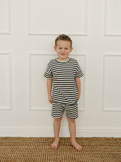 Navy Stripe Button Short Set