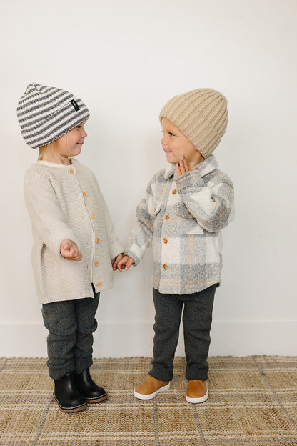 Grey & White Stripe Chunky Knit Beanie