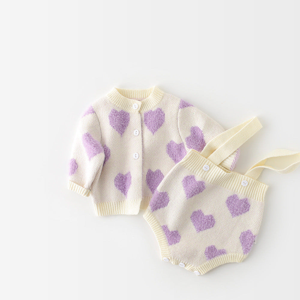 Spring Autumn Infant Baby Girls Knit Long Sleeve Loving Heart Coat Rompers