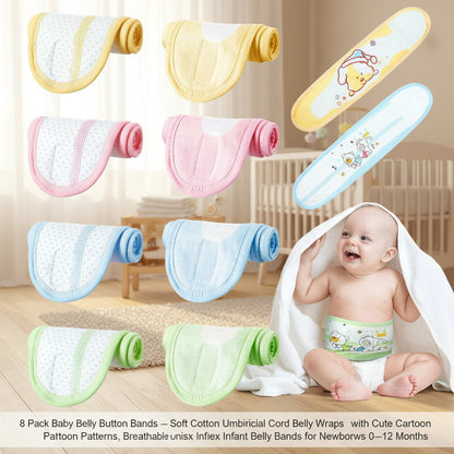 8 Pack Baby Belly Button Bands – Soft Cotton Umbilical Cord Belly Wraps with Cute Cartoon Patterns, Breathable Unisex Infant Belly Bands for Newborns 0–12 Months