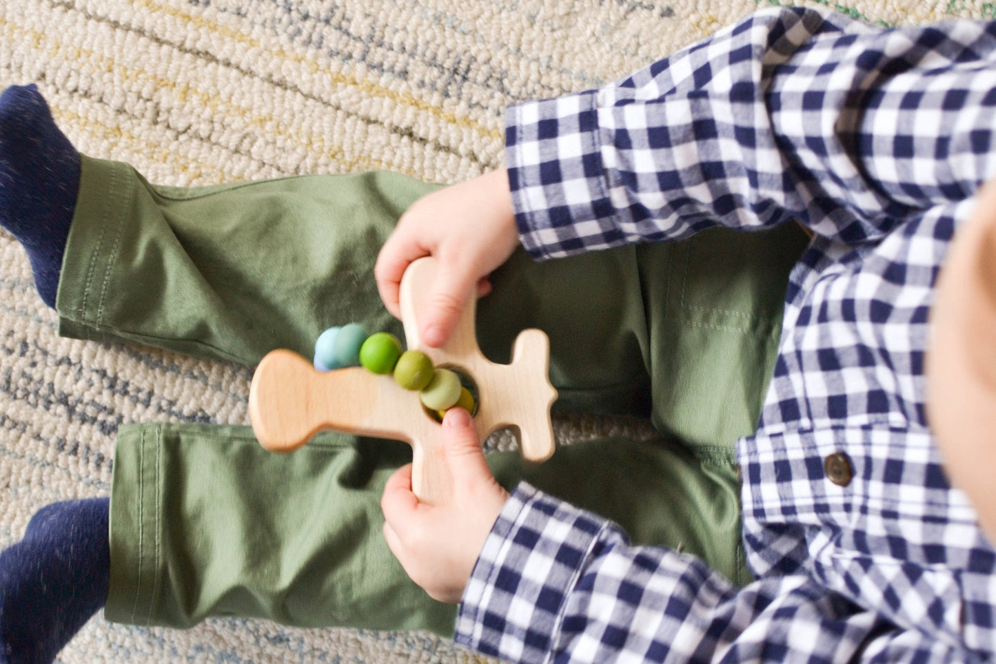 Airplane Wood Grasping Toy With Teething Beads