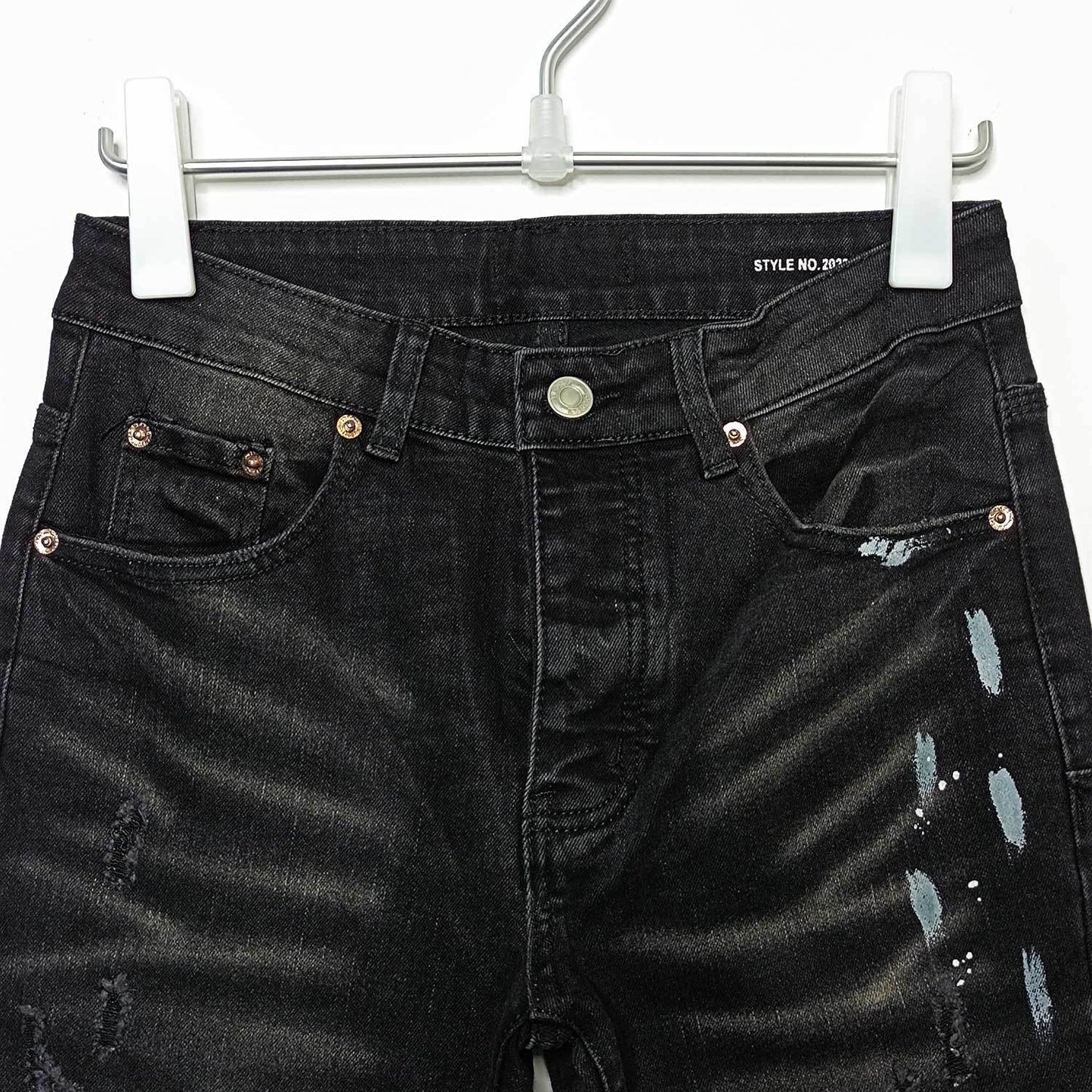 American High Street Ripped Stretch Paint Splash Straight Jeans Men