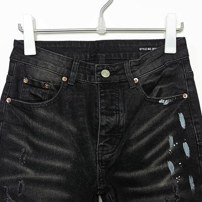 American High Street Ripped Stretch Paint Splash Straight Jeans Men