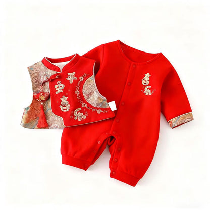 AutumnWinter Red Festive Fleece-Lined Warm RomperCrawling Suit
