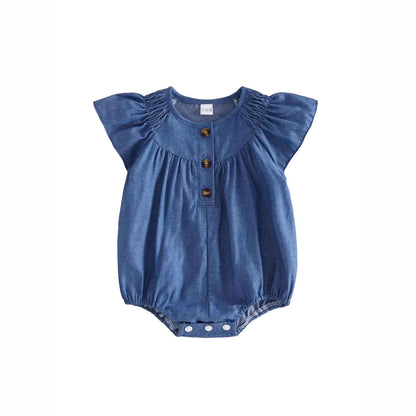 Girls Denim Ruffled Short-sleeve Romper
