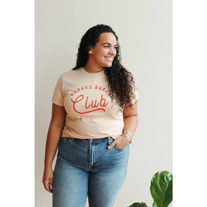Badass Babes Club Graphic Tee in Peach with Red Text