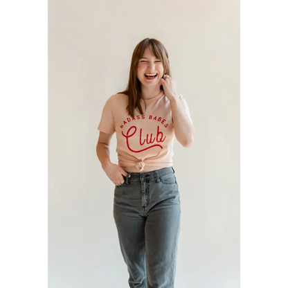 Badass Babes Club Graphic Tee in Peach with Red Text