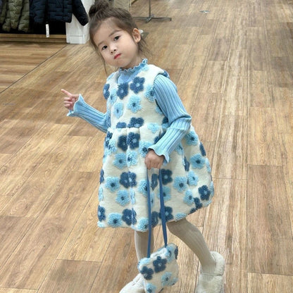Winter New Girls' Sweater With Stringy Selvedge Flower Fleece-lined Vest Dress