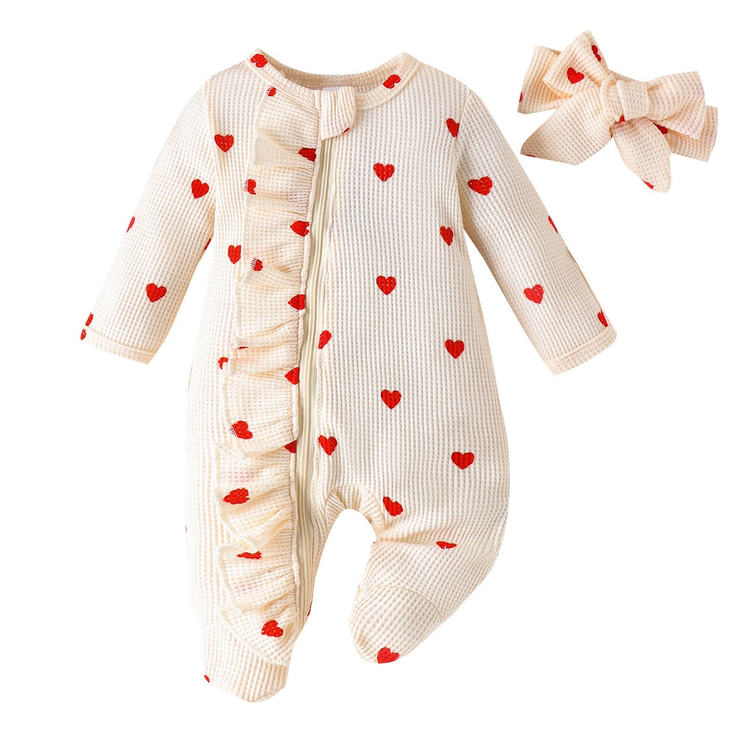 Heart-print Footed Zip-up Onesie Headband Set
