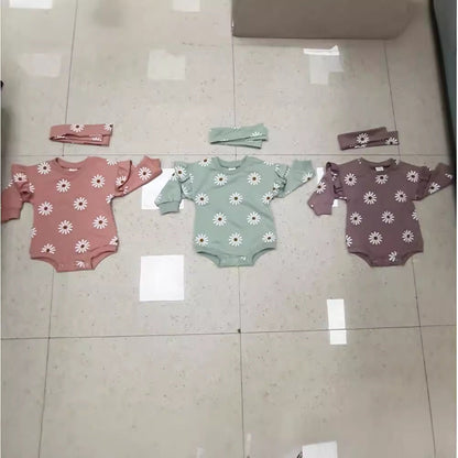 Printed Flounced Sleeve Romper Headscarf