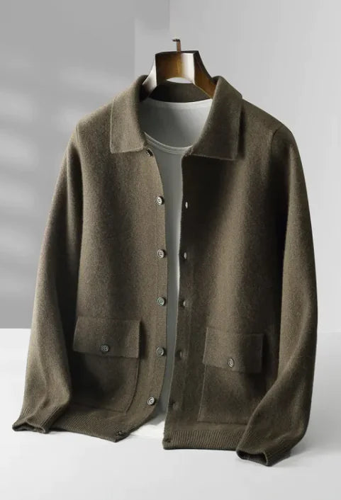 Boys Men's Polo Collar Solid Color Wool Cardigan Autumn Winter Retro Pocket Thick Coat - # BOAA13510033