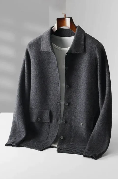 Boys Men's Polo Collar Solid Color Wool Cardigan Autumn Winter Retro Pocket Thick Coat - # BOAA13510033