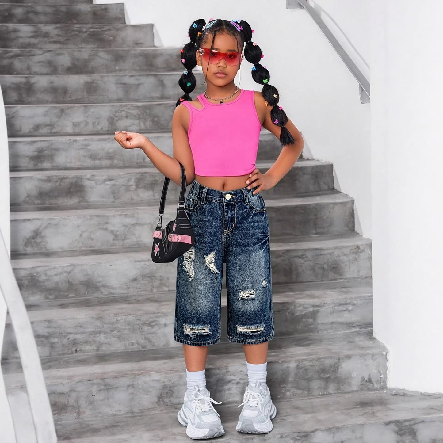 Girl's Nostalgic Washed Distressed Jeans