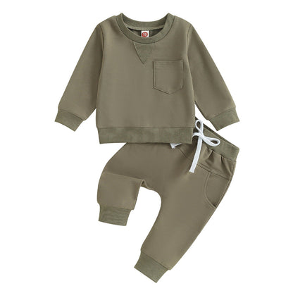 Solid Color Boy Letter Printed Round Neck Long Sleeve Trousers Suit