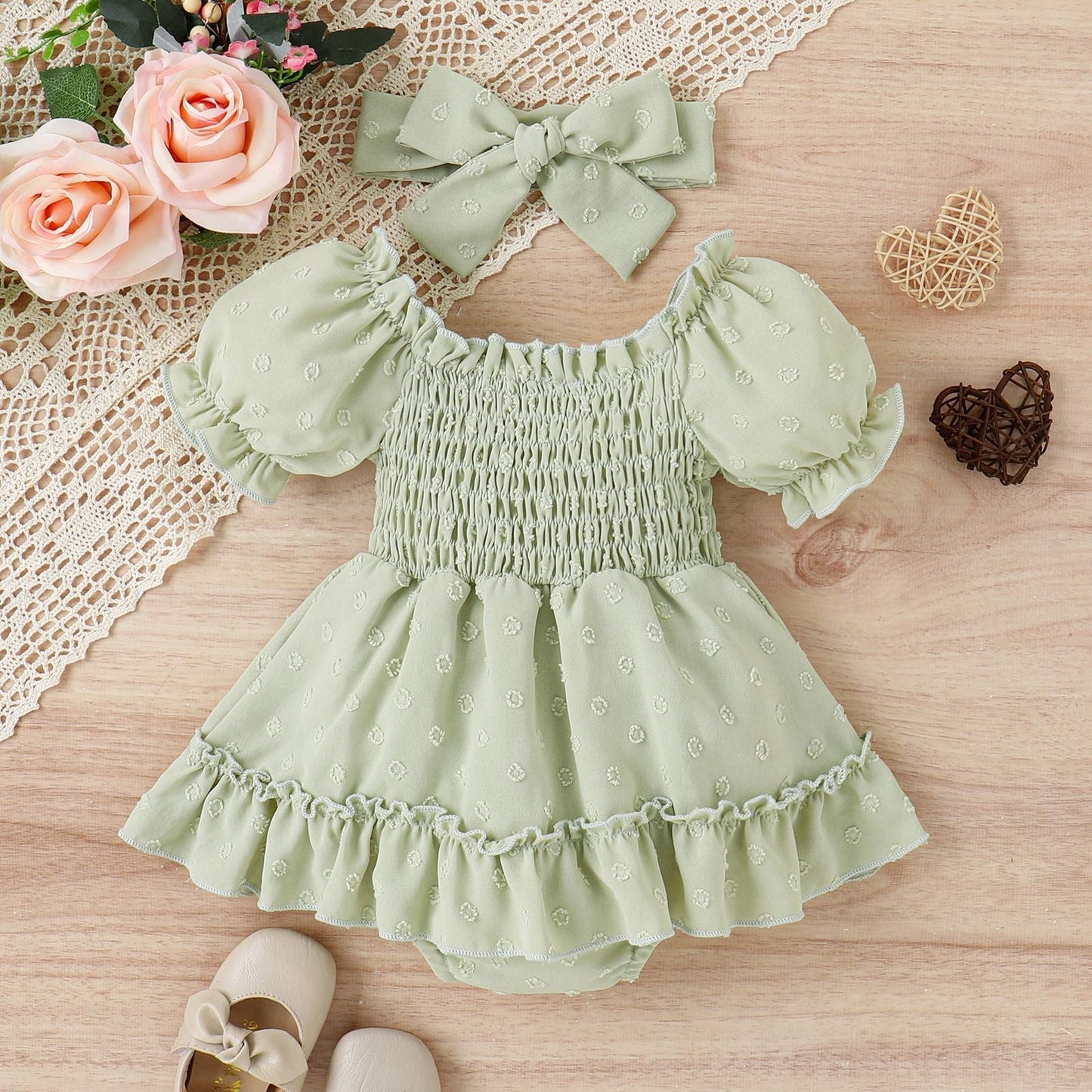 Three-color Jacquard Skirt Cute Puff Sleeve One-piece Rompers Jumpsuit With Headscarf