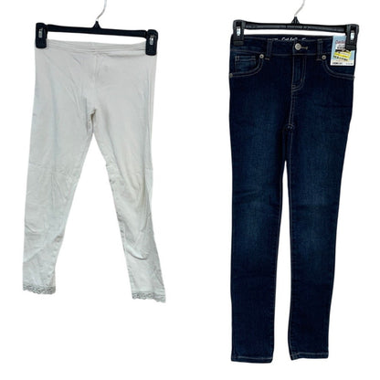Lot of 2 Cat & Jack Old Navy Girls Large (10/12) white Leggings Denim Blue Jeans