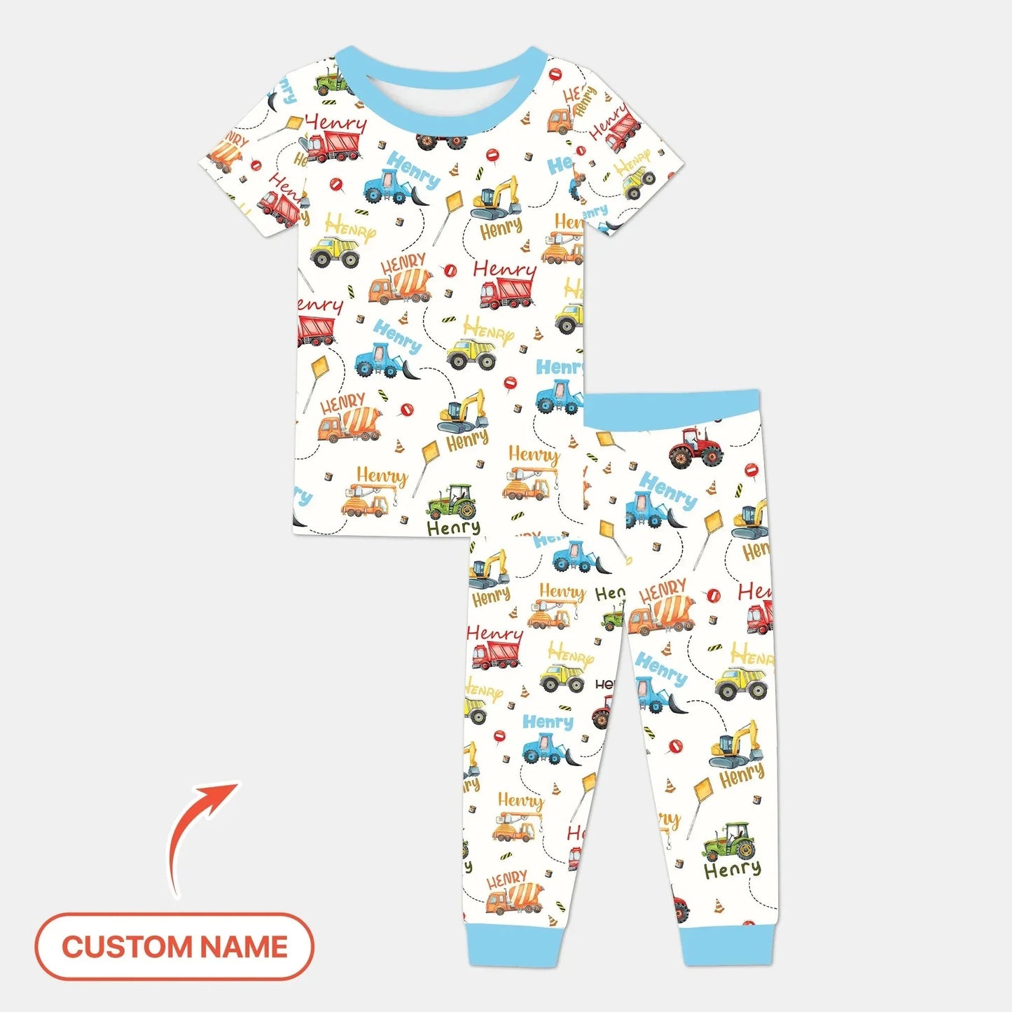 Construction Vehicles Custom Name Bamboo Two Piece Short Sleeve Pajama Set
