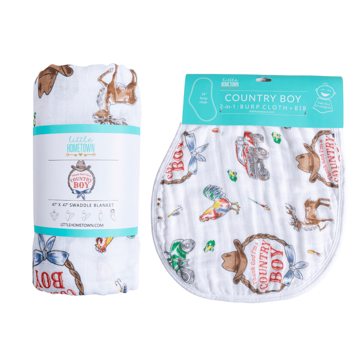 Country Boy Baby Gift Set: Muslin Swaddle & Bib | Organic Cotton
