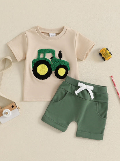 Toddler Boys Summer Outfits Truck Embroidered Round Neck