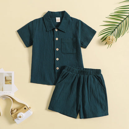 Summer Cotton And Linen Casual Style Short Sleeve Lapel Polo Shirt Two-piece Suit