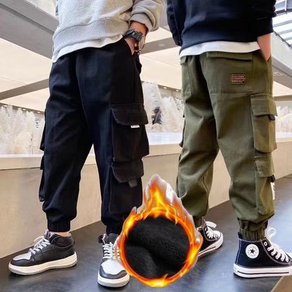 Men's Medium And Large Children's Multi-bag Fleece Ankle-tied Casual Working Pants Tide