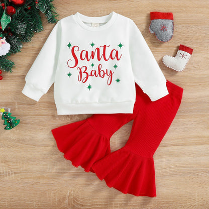 Christmas Autumn And Winter Girl Letter Jumpsuit Velvet Stitching Plush Bell-bottom Pants Children Suit