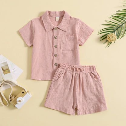 Summer Cotton And Linen Casual Style Short Sleeve Lapel Polo Shirt Two-piece Suit