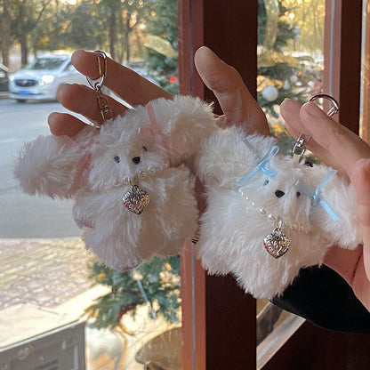 Niche Girl Heart Ribbon Pearl Bow Bunny Keychain Plush Pendant