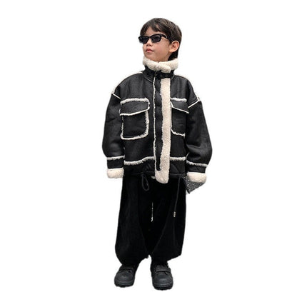 Boy's Leather Jacket Fleece Padded Coat Autumn And Winter Clothing