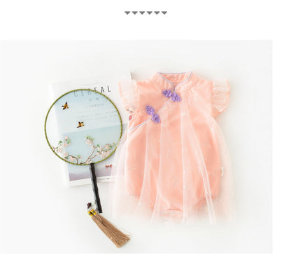 Baby Girl's Antique Style Buckle Mesh Feather Triangle Rompers Infant Onesie Dress