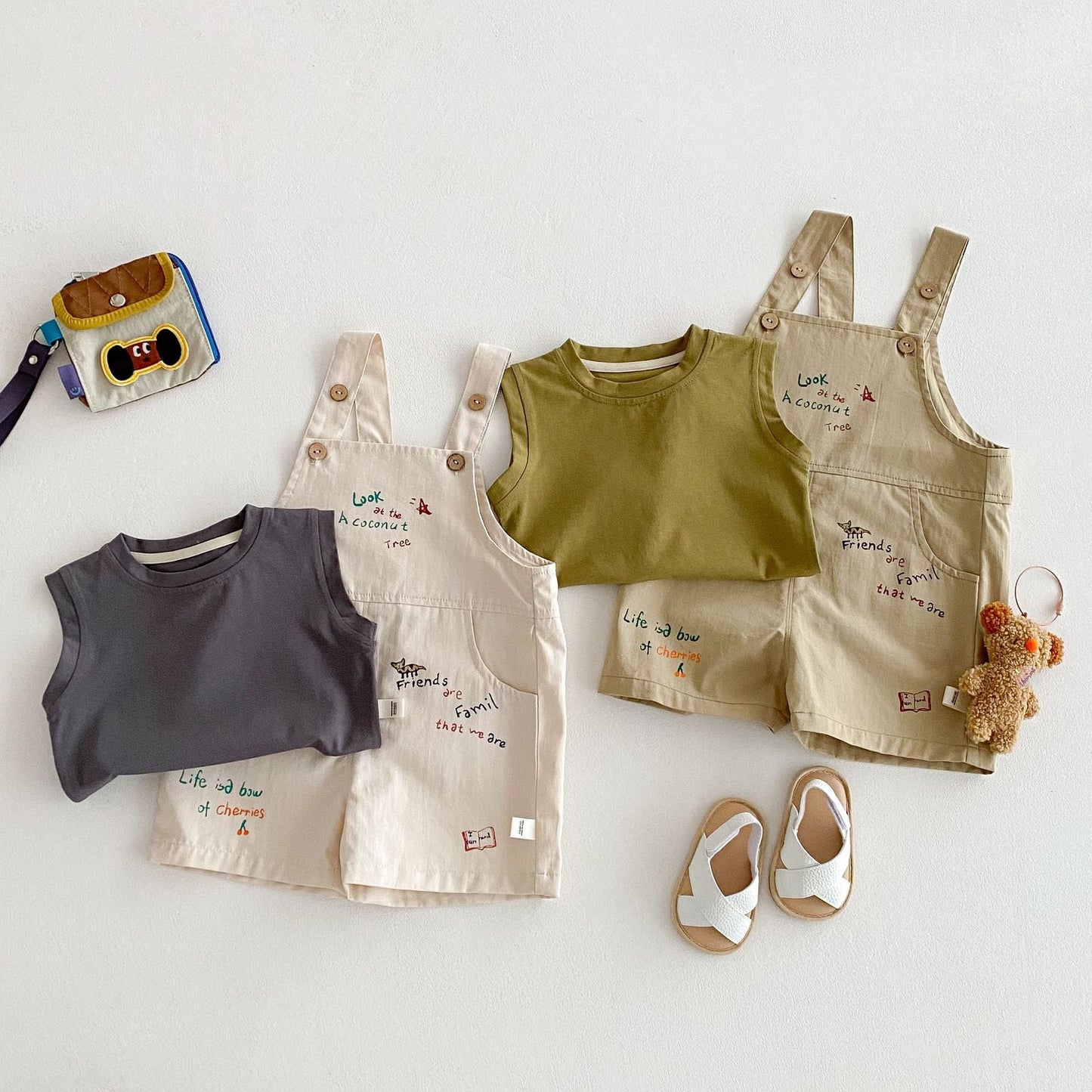 Simple Fashion T-shirt Fashion Baby Korean Style Cartoon Suspender Pants