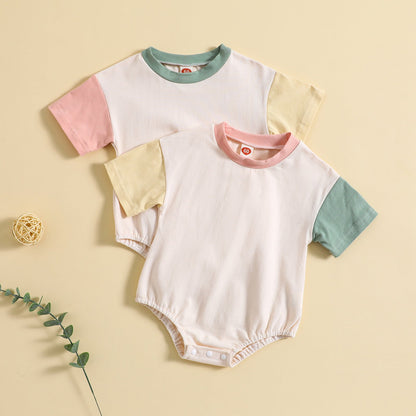 Baby Solid Color Stitching Romper Short Sleeve
